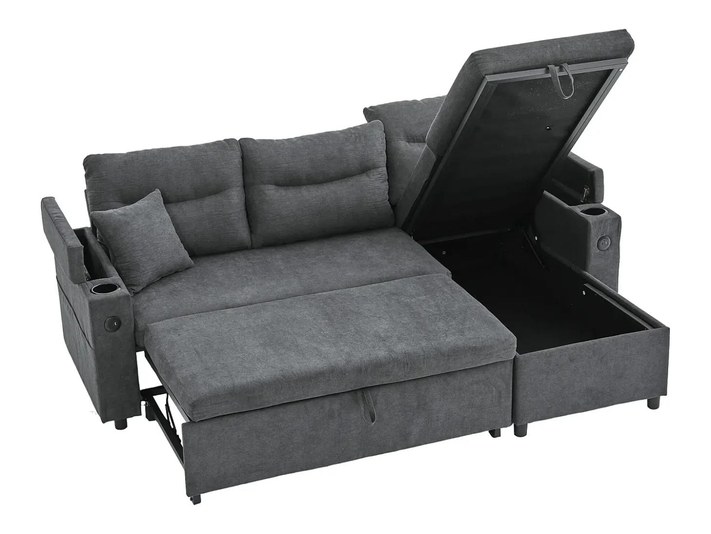 Moderno sofá convertible de 3 plazas en lino con almacenaje, portavasos y puerto USB - Gris
