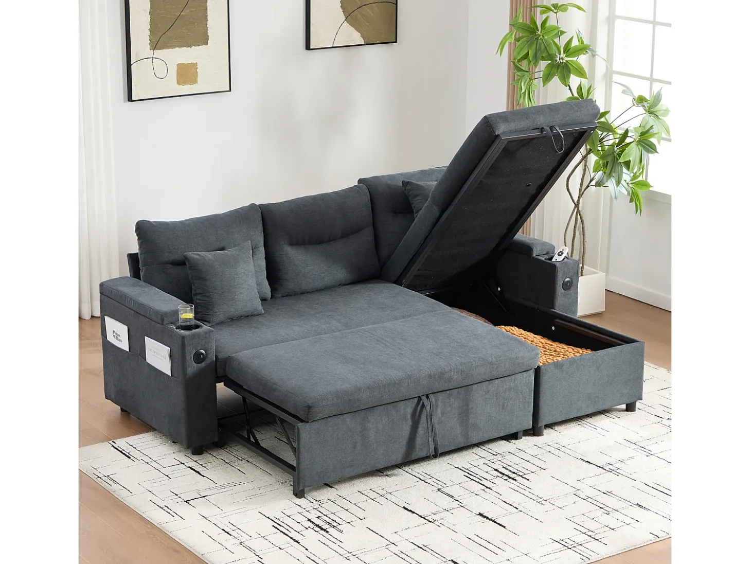 Moderno sofá convertible de 3 plazas en lino con almacenaje, portavasos y puerto USB - Gris