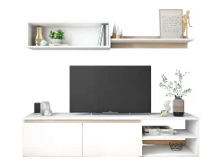 Modulo TV Salón Comedor Nórdico Blanco Mate y Roble Sahara 160 cm