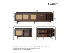 Mueble bajo para TV - 190 x 40 x 52 cm - con 3 puertas + 2 cajones - para TV de 75 pulgadas - MDF - Marrón