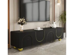 Mueble bajo para TV con puertas texturizadas - 170 x 38 x 44 cm - con patas redondas doradas - tablero de partículas - negro