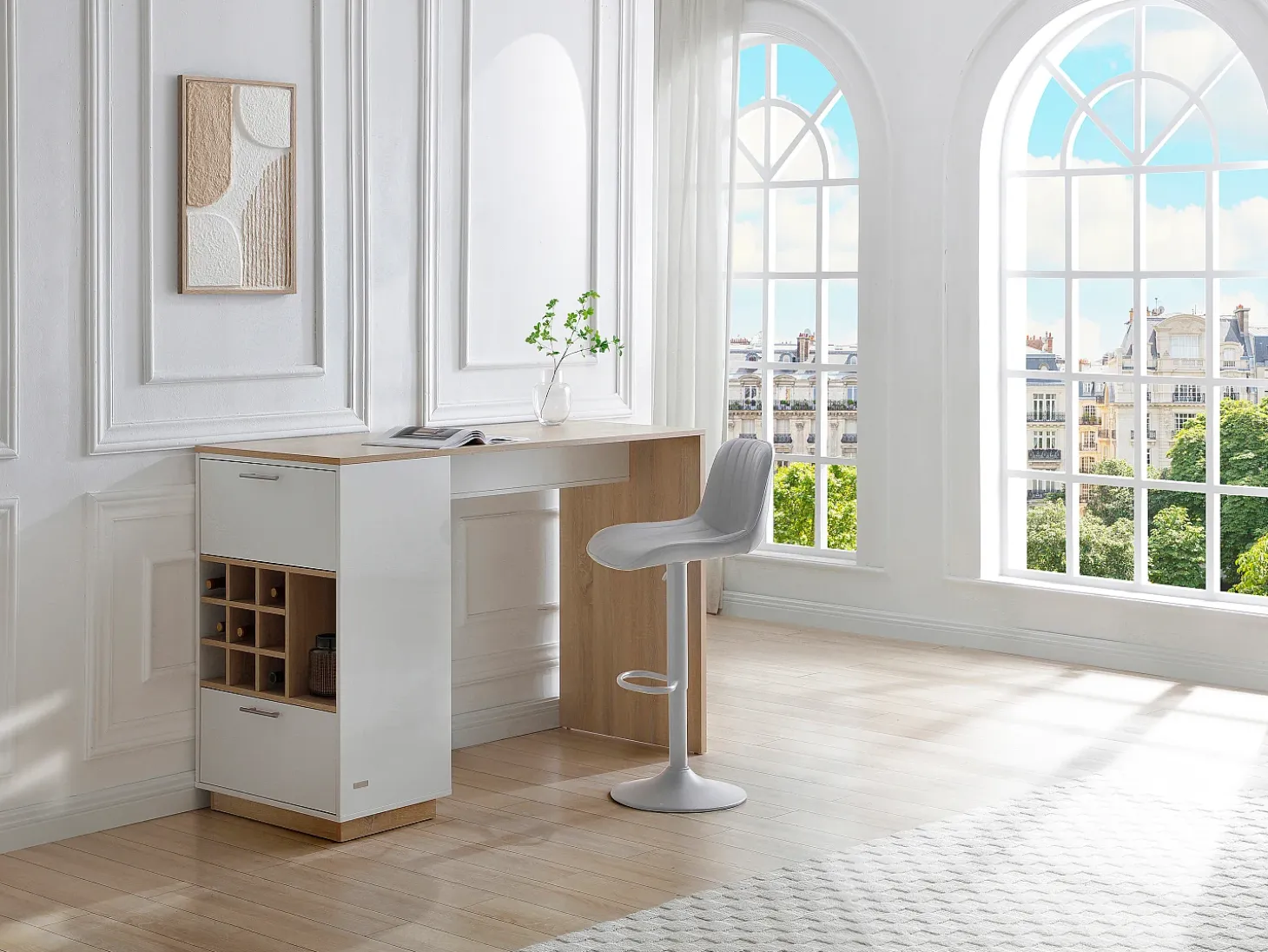 Mueble bar con almacenaje - Blanco y natural - ANOSKI