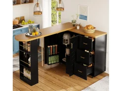 Mueble bar de cocina extensible con ruedas - 135-228 x 39 x 104 cm - con 2 puertas + 3 cajones - MDF + metal - negro