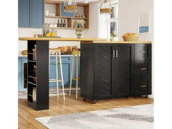 Mueble bar de cocina extensible con ruedas - 135-228 x 39 x 104 cm - con 2 puertas + 3 cajones - MDF + metal - negro