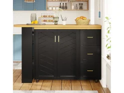 Mueble bar de cocina extensible con ruedas - 135-228 x 39 x 104 cm - con 2 puertas + 3 cajones - MDF + metal - negro