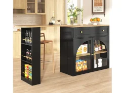 Mueble bar extensible - 138-204 x 39 x 104 cm - Mesa de comedor giratoria 360° - con 2 puertas + 2 cajones - MDF - negro