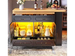 Mueble bar extensible - 135/203 x 39 x 92,8 cm - mesa giratoria con LED + 4 cajones - MDF - negro