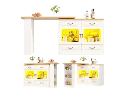 Mueble bar extensible - 135/203 x 39 x 92,8 cm - mesa giratoria con LED + 4 cajones - MDF - blanco