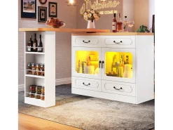 Mueble bar extensible - 135/203 x 39 x 92,8 cm - mesa giratoria con LED + 4 cajones - MDF - blanco