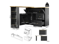 Mueble bar extensible - 138-204 x 39 x 105 cm - con estante snack + 2 cajones + 2 puertas - MDF + Metal - negro