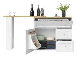 Mueble bar extensible - 138-204 x 39 x 105 cm - con estante snack + 2 cajones + 2 puertas - MDF + Metal - blanco