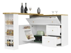 Mueble bar extensible - 138-204 x 39 x 105 cm - con estante snack + 2 cajones + 2 puertas - MDF + Metal - blanco