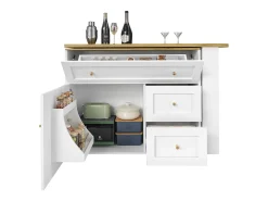 Mueble bar extensible - 138-204 x 39 x 105 cm - con estante snack + 2 cajones + 2 puertas - MDF + Metal - blanco