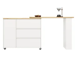 Mueble bar giratorio - 2 puertas, 2 cajones y estantes de almacenaje - 138/209 x 39 x 104 cm - Madera MDF y cristal - Blanco + natural