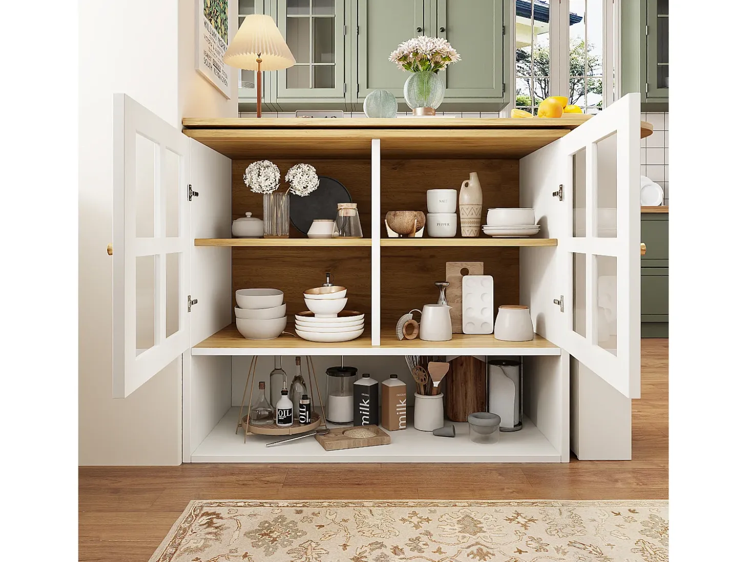 Mueble bar giratorio - 204 x 39 x 102,5 cm - con 4 compartimentos de almacenaje + 2 puertas - MDF - blanco