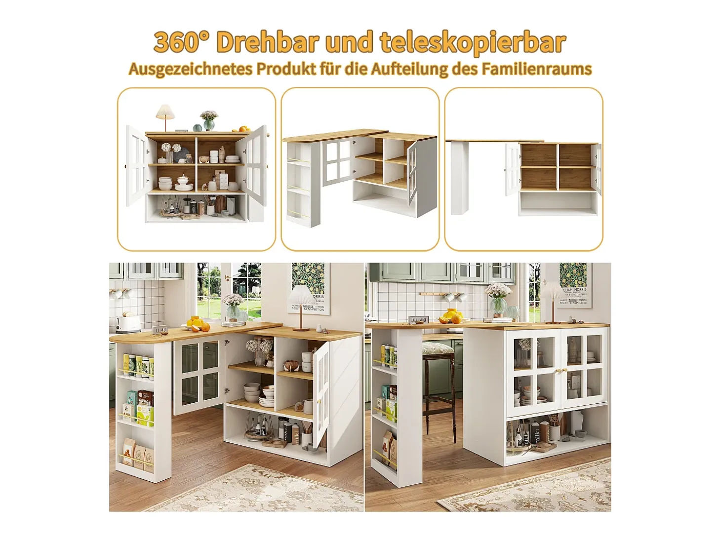 Mueble bar giratorio - 204 x 39 x 102,5 cm - con 4 compartimentos de almacenaje + 2 puertas - MDF - blanco