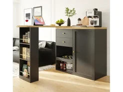 Mueble bar giratorio - 204 x 39 x 104 cm - con 2 cajones y 1 puerta - 5 espacios de almacenamiento abiertos - negro