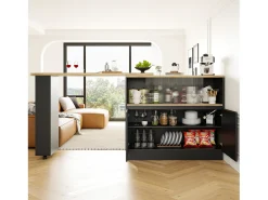 Mueble bar giratorio - 120 x 90 x 103 cm - con estantes y cristal + 4 puertas - MDF - negro