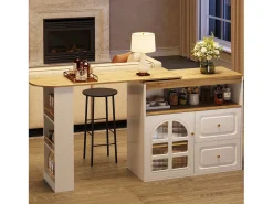 Mueble bar giratorio - Mesa de bar extensible con 2 cajones y 1 puerta de cristal - almacenamiento abierto - blanco