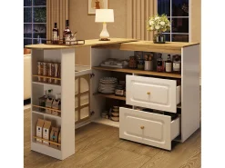 Mueble bar giratorio - Mesa de bar extensible con 2 cajones y 1 puerta de cristal - almacenamiento abierto - blanco