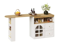 Mueble bar giratorio - Mesa de bar extensible con 2 cajones y 1 puerta de cristal - almacenamiento abierto - blanco