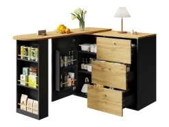 Mueble bar giratorio - Mesa de bar extensible con 3 cajones y 1 puerta - almacenamiento abierto - negro