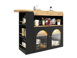 Mueble bar giratorio con iluminación LED y 2 puertas de cristal - Negro y natural claro