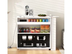Mueble bar giratorio con enchufes, iluminación LED y tablero perforado - Blanco