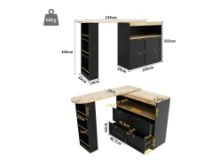 Mueble bar giratorio con 4 cajones y 1 nicho, cuerpo negro con tapa chapada en madera - 138x39x104cm