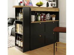 Mueble bar giratorio con 4 cajones y 1 nicho, cuerpo negro con tapa chapada en madera - 138x39x104cm