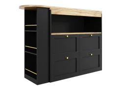 Mueble bar giratorio con 4 cajones y 1 nicho, cuerpo negro con tapa chapada en madera - 138x39x104cm
