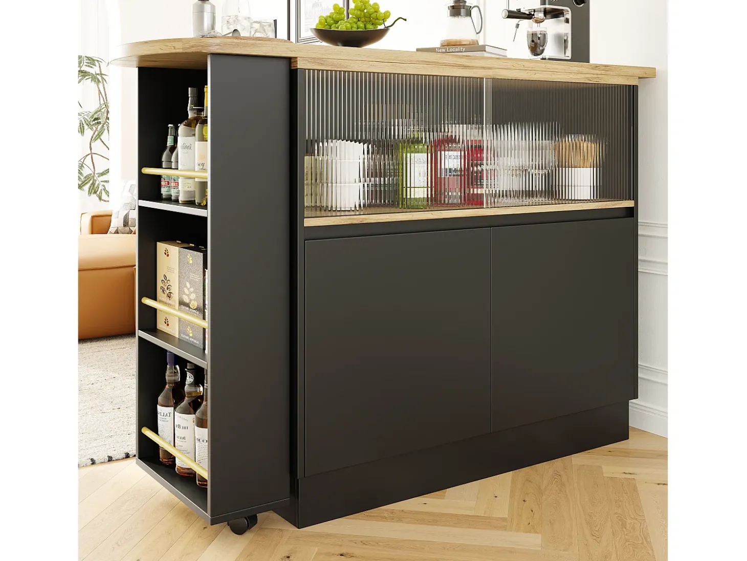 Mueble bar giratorio con almacenaje - Madera MDF y cristal - Negro y natural claro