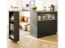 Mueble bar giratorio con almacenaje - Madera MDF y cristal - Negro y natural claro