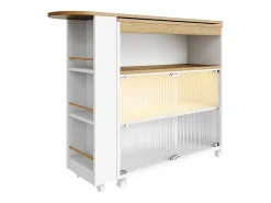Mueble bar giratorio con ruedas con 2 puertas correderas de cristal, 1 nicho y estantes, LED incluido, MDF, blanco - 138x39x105cm