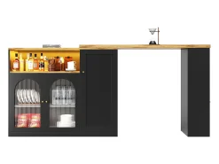Mueble bar giratorio con 4 puertas e iluminación LED - Puertas de cristal - Tapa imitación madera - Negro
