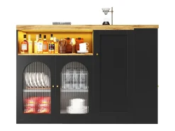 Mueble bar giratorio con 4 puertas e iluminación LED - Puertas de cristal - Tapa imitación madera - Negro