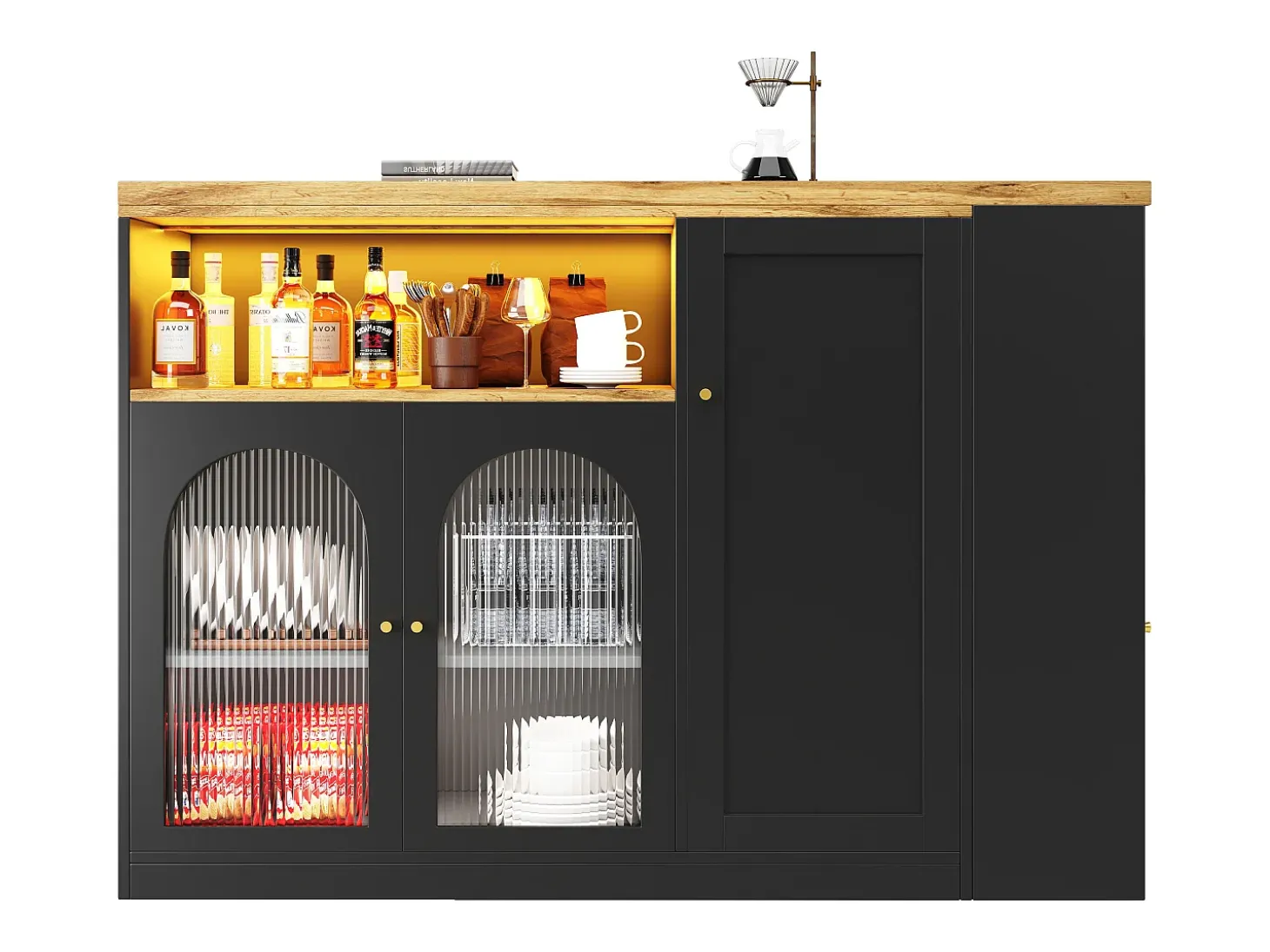 Mueble bar giratorio con 4 puertas e iluminación LED - Puertas de cristal - Tapa imitación madera - Negro