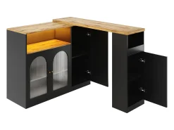 Mueble bar giratorio con 4 puertas e iluminación LED - Puertas de cristal - Tapa imitación madera - Negro
