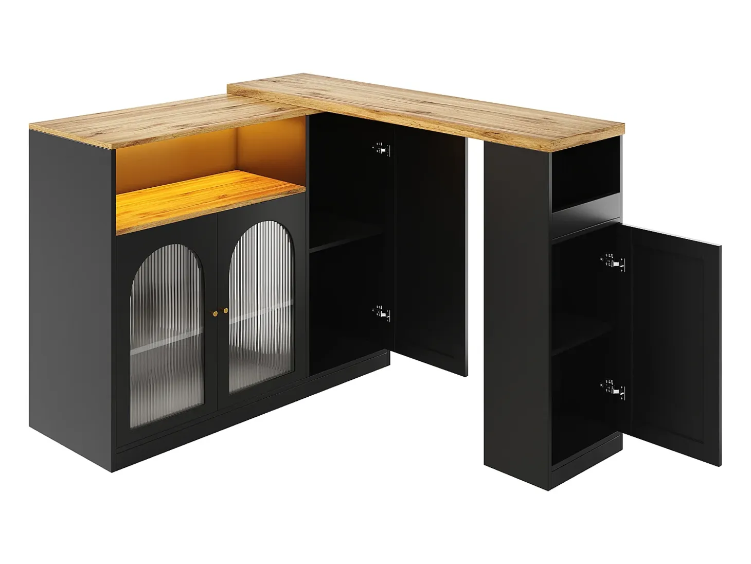 Mueble bar giratorio con 4 puertas e iluminación LED - Puertas de cristal - Tapa imitación madera - Negro