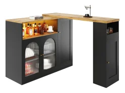 Mueble bar giratorio con 4 puertas e iluminación LED - Puertas de cristal - Tapa imitación madera - Negro
