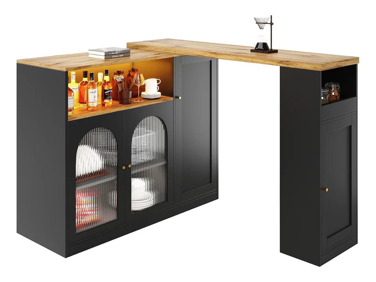 Mueble bar giratorio con 4 puertas e iluminación LED - Puertas de cristal - Tapa imitación madera - Negro