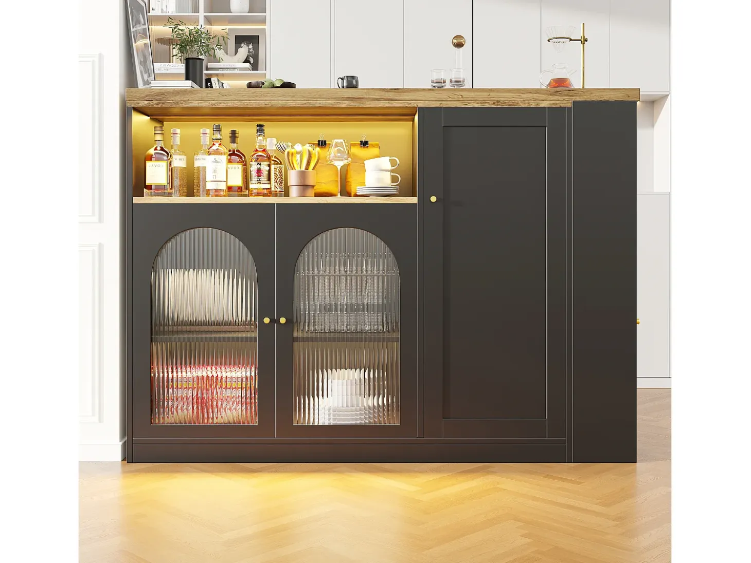 Mueble bar giratorio con 4 puertas e iluminación LED - Puertas de cristal - Tapa imitación madera - Negro
