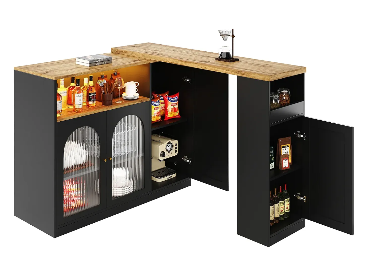 Mueble bar giratorio con 4 puertas e iluminación LED - Puertas de cristal - Tapa imitación madera - Negro