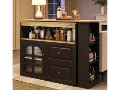 Mueble bar giratorio con 1 puerta de cristal, 1 nicho y 2 cajones, cuerpo negro, estantes incluidos - 204x39x104cm