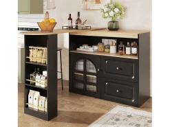 Mueble bar giratorio con 1 puerta de cristal, 1 nicho y 2 cajones, cuerpo negro, estantes incluidos - 204x39x104cm
