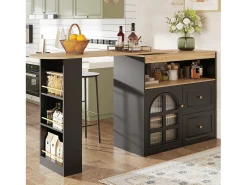 Mueble bar giratorio con 1 puerta de cristal, 1 nicho y 2 cajones, cuerpo negro, estantes incluidos - 204x39x104cm
