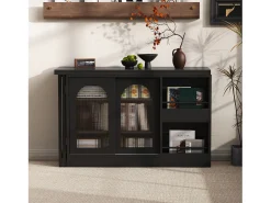 Mueble bar giratorio con 2 puertas de cristal - Tapa reversible - Negro