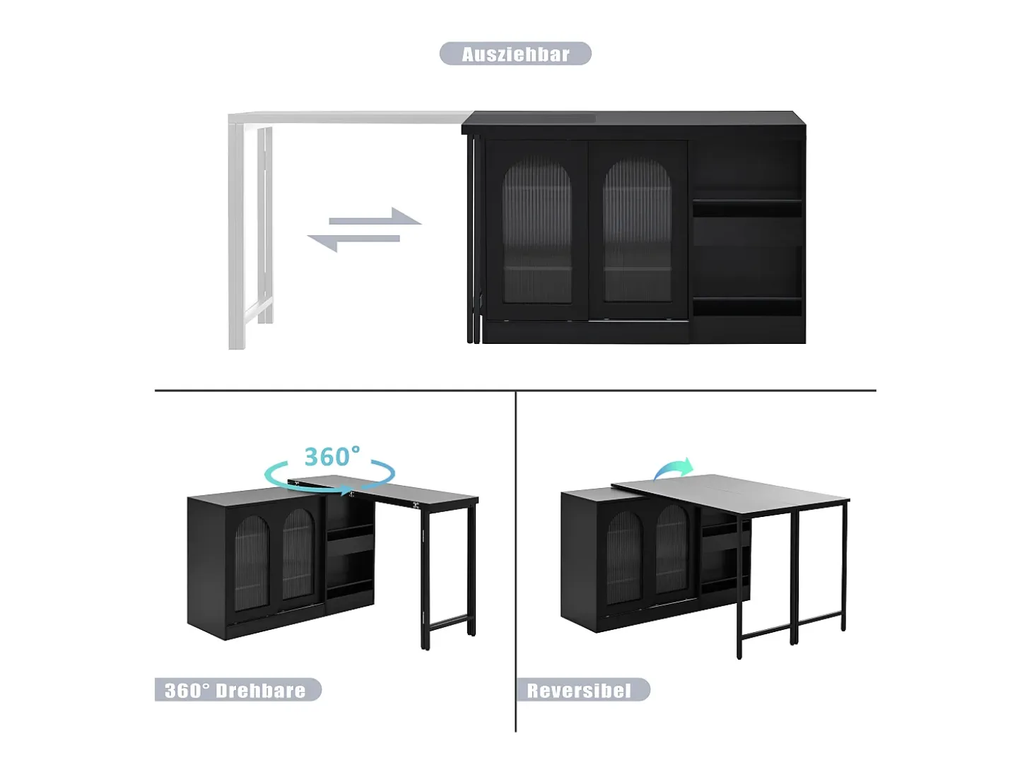 Mueble bar giratorio con 2 puertas de cristal - Tapa reversible - Negro