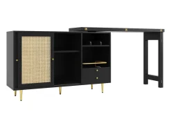 Mueble bar giratorio con 2 puertas correderas de ratán y cajón - Negro