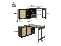 Mueble bar giratorio negro - Mueble bar extensible con puertas y cajones corredizos de ratán - Almacenamiento abierto